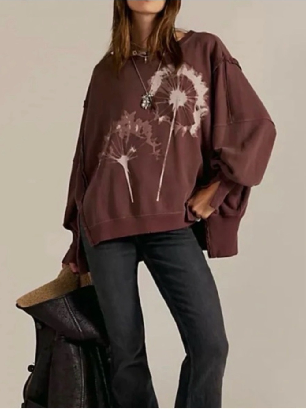 Free People We The Free Graphic Camden Pullover- Dandelion Combo-Brown-Size XS